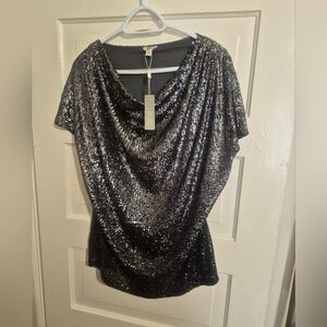 NWT Spense Glittering Silver And Black Ombre Sequin Blouse XL